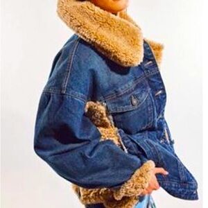 free people blue denim & shearling jacket, size large